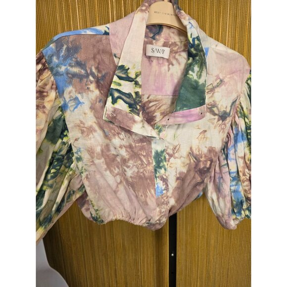 S/W/F Tie-Dye Linen Cropped Blouse S Designer Balloon Sleeves Buttons - Picture 6 of 6